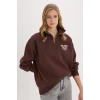 Defacto E9281 Kahve Coool Oversize Geniş Kalıp Fermuarlı Dik Yaka Baskılı Kalın Sweatshirt