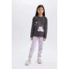 Defacto E0532 Antrasit Kız Çocuk Pijama Takımı Baskılı Uzun Kollu Üst Esnek Belli Desenli Uzun Alt