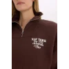 Defacto E9281 Kahve Coool Oversize Geniş Kalıp Fermuarlı Dik Yaka Baskılı Kalın Sweatshirt