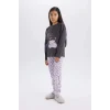 Defacto E0532 Antrasit Kız Çocuk Pijama Takımı Baskılı Uzun Kollu Üst Esnek Belli Desenli Uzun Alt