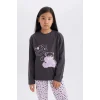 Defacto E0532 Antrasit Kız Çocuk Pijama Takımı Baskılı Uzun Kollu Üst Esnek Belli Desenli Uzun Alt