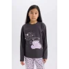 Defacto E0532 Antrasit Kız Çocuk Pijama Takımı Baskılı Uzun Kollu Üst Esnek Belli Desenli Uzun Alt
