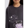 Defacto E0532 Antrasit Kız Çocuk Pijama Takımı Baskılı Uzun Kollu Üst Esnek Belli Desenli Uzun Alt