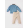 Defacto E0321 Mavi Erkek Bebek 2li Takım Gömlek Yaka Sweatshirt Beli Lastikli Alt