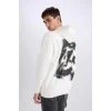 Defacto D8021 Ekru Boxy Fit Kapüşonlu Sırt Baskılı Sweatshirt