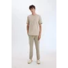 Defacto Z6475 Haki %100 Pamuk Keten Görünümlü Yazlık Jogger Pantolon Dar Paça Beli Bağcıklı Lastikli Cepli