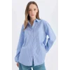 Defacto E5329 Mavi Coool Oversize Geniş Kalıp Çizgili Poplin Uzun Kollu Gömlek