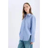 Defacto E5329 Mavi Coool Oversize Geniş Kalıp Çizgili Poplin Uzun Kollu Gömlek