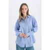 Defacto E5329 Mavi Coool Oversize Geniş Kalıp Çizgili Poplin Uzun Kollu Gömlek