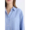 Defacto E5329 Mavi Coool Oversize Geniş Kalıp Çizgili Poplin Uzun Kollu Gömlek