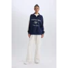 Defacto D7131 Lacivert DeFactoFit Oversize Geniş Kalıp Polo Yaka Baskılı Sporcu Sweatshirt