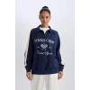 Defacto D7131 Lacivert DeFactoFit Oversize Geniş Kalıp Polo Yaka Baskılı Sporcu Sweatshirt