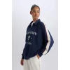 Defacto D7131 Lacivert DeFactoFit Oversize Geniş Kalıp Polo Yaka Baskılı Sporcu Sweatshirt