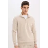 Defacto X7405 Bej Comfort Regular Fit Rahat Kalıp Fermuarlı Dik Yaka Basic Düz Sweatshirt