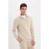 Defacto X7405 Bej Comfort Regular Fit Rahat Kalıp Fermuarlı Dik Yaka Basic Düz Sweatshirt
