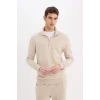 Defacto X7405 Bej Comfort Regular Fit Rahat Kalıp Fermuarlı Dik Yaka Basic Düz Sweatshirt