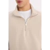 Defacto X7405 Bej Comfort Regular Fit Rahat Kalıp Fermuarlı Dik Yaka Basic Düz Sweatshirt