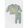 Defacto E2398 Haki Erkek Bebek 2li Takım Dinazor Baskılı Uzun Kollu Tişört Beli Lastikli Alt