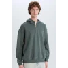 Defacto D6998 Yeşil Boxy Fit Kapüşonlu Yarım Fermuarlı Baskılı Sweatshirt