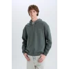 Defacto D6998 Yeşil Boxy Fit Kapüşonlu Yarım Fermuarlı Baskılı Sweatshirt