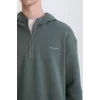 Defacto D6998 Yeşil Boxy Fit Kapüşonlu Yarım Fermuarlı Baskılı Sweatshirt