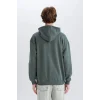 Defacto D6998 Yeşil Boxy Fit Kapüşonlu Yarım Fermuarlı Baskılı Sweatshirt
