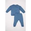Defacto D7922 Mavi Erkek Bebek 2li Takım Baskılı Sweatshirt Beli Lastikli Eşofman Altı