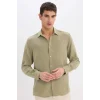 Defacto E1210 Haki Regular Fit İtalyan Yaka Keten Görünümlü Uzun Kollu Gömlek