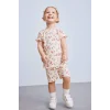Defacto E0724 Ekru Kız Bebek 2li Takım Desenli Fitilli Kaşkorse Kısa Kollu Tişört Şort
