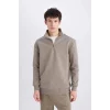 Defacto X7405 Haki Comfort Regular Fit Rahat Kalıp Fermuarlı Dik Yaka Basic Düz Sweatshirt