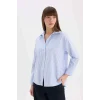 Defacto D4512 Mavi Oversize Geniş Kalıp Çizgili Oxford Uzun Kollu Gömlek