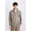 Defacto X7405 Haki Comfort Regular Fit Rahat Kalıp Fermuarlı Dik Yaka Basic Düz Sweatshirt