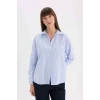 Defacto D4512 Mavi Oversize Geniş Kalıp Çizgili Oxford Uzun Kollu Gömlek