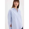 Defacto D4512 Mavi Oversize Geniş Kalıp Çizgili Oxford Uzun Kollu Gömlek