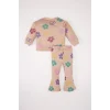 Defacto E0200 Pembe Kız Bebek 2li Takım Çiçekli Bisiklet Yaka Sweatshirt Beli Lastikli İspanyol Paça Alt