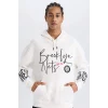 Defacto D8513 Ekru DeFactoFit NBA Brooklyn Nets Oversize Geniş Kalıp Kapüşonlu Kalın Sweatshirt