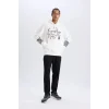 Defacto D8513 Ekru DeFactoFit NBA Brooklyn Nets Oversize Geniş Kalıp Kapüşonlu Kalın Sweatshirt