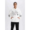 Defacto D8513 Ekru DeFactoFit NBA Brooklyn Nets Oversize Geniş Kalıp Kapüşonlu Kalın Sweatshirt