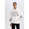 Defacto D8513 Ekru DeFactoFit NBA Brooklyn Nets Oversize Geniş Kalıp Kapüşonlu Kalın Sweatshirt