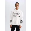 Defacto D8513 Ekru DeFactoFit NBA Brooklyn Nets Oversize Geniş Kalıp Kapüşonlu Kalın Sweatshirt
