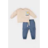 Defacto D3348 Bej Erkek Bebek 2li Takım Baskılı Sweatshirt Beli Paçası Lastikli Alt