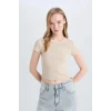 Defacto E0287 Bej Coool Fitted Fitilli Kaşkorse Basic Düz Kısa Kollu Tişört