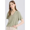 Defacto D9593 Haki Regular Fit V Yaka Basic Düz Kısa Kollu Tişört