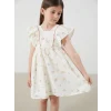 LCW Kids Bej Kare Yaka Keten Görünümlü Kız Çocuk Elbise