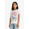 Defacto E0350 Beyaz Kız Çocuk Bisiklet Yaka Anime Baskılı Kısa Kollu Tişört