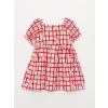 LCW baby Kirmizi Kare Yaka Desenli Kız Bebek Elbise