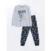 LCW Kids Gri Bisiklet Yaka Baskılı Uzun Kollu Erkek Çocuk Pijama Takımı