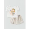 LCW baby Ekru Bisiklet Yaka Baskılı Kız Bebek Tişört ve Etek 2li Takım