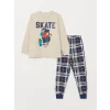 LCW Kids Bej Bisiklet Yaka Baskılı Uzun Kollu Erkek Çocuk Pijama Takımı