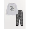 LCW Kids Gri Bisiklet Yaka Baskılı Uzun Kollu Erkek Çocuk Pijama Takımı